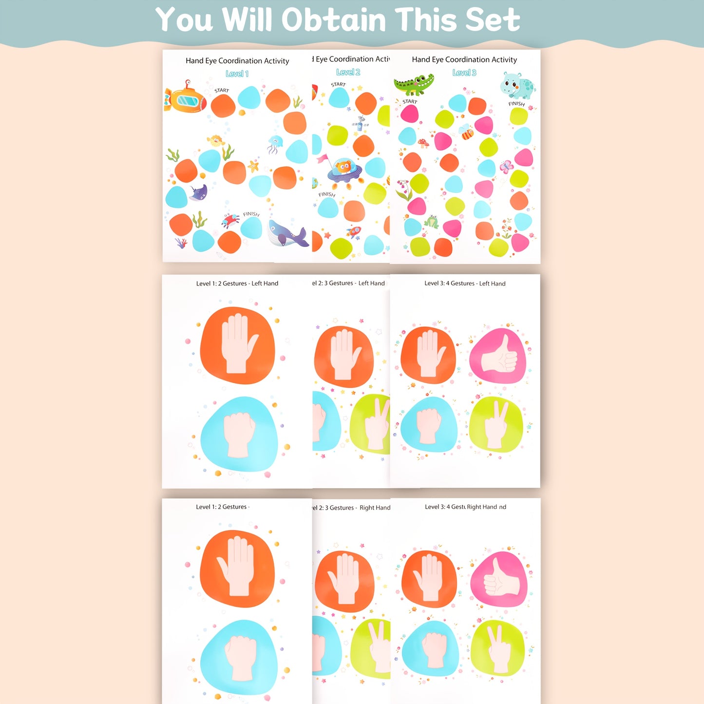 Cartões de atividade de coordenação mão-olho de 3 nÃveis para crianças - Jogo de treino de coordenação cerebral de dupla face com cartões coloridos de correspondência mão-olho, desenvolvimento de habilidades motoras finas, material de ensino de volta à escola e sala de aula, presente educativo de aprendizagem para crianças pequenas e pré-escolares, design divertido, material de papel durável, brinquedo de terapia ocupacional