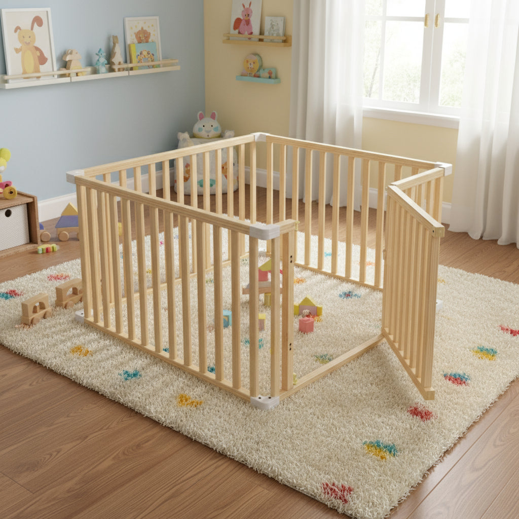 Safe wooden baby playpen with soft crawling mat. Durable, eco-friendly, and stylish design for secure play and early exploration.