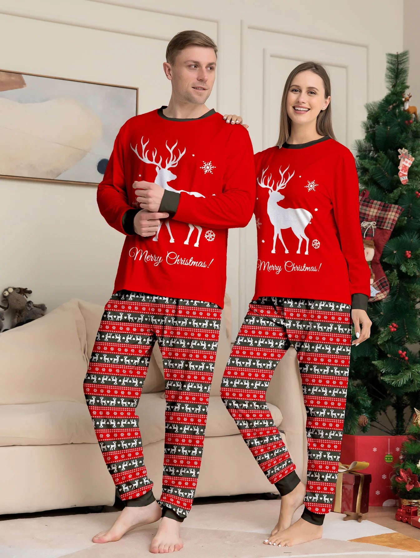 Santa & Reindeer Print Family Christmas Pajamas