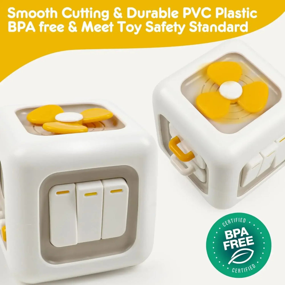 6-in-1 Montessori busy cube for toddlers. Safe, sensory toy that builds focus, coordination, and problem-solving through hands-on play.