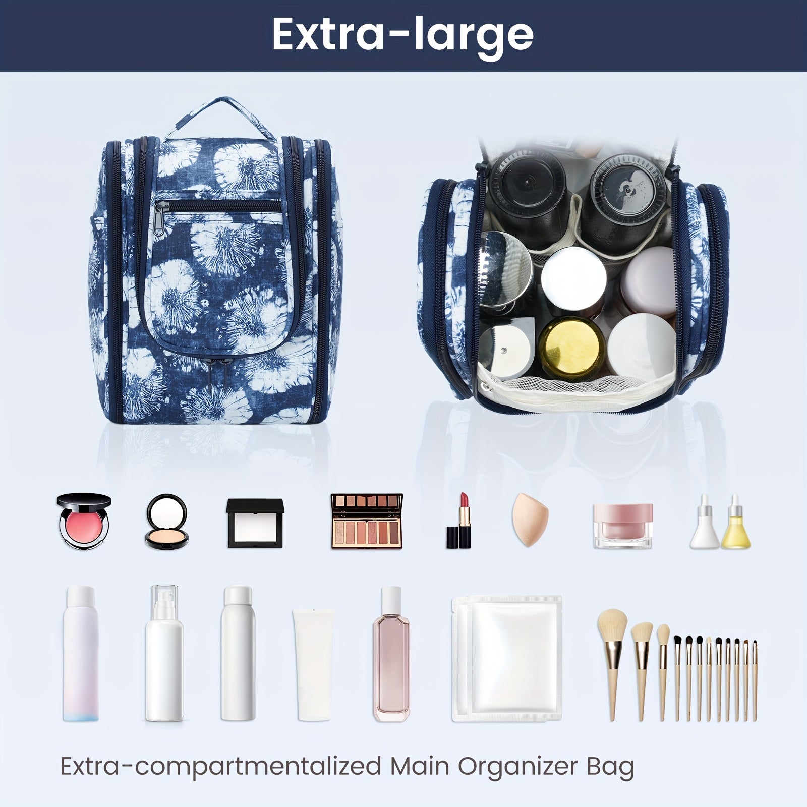 Bolsa de higiene pessoal para viagem suspensa para mulheres - Organizador de cosméticos pequeno com gancho, vários bolsos, separação úmido/seco, fecho de correr suave, tecido durável, leve e elegante, essencial para a noite, melhor presente para adolescentes e viajantes frequentes, bolsa de higiene pessoal para viagem, design elegante, construção sólida, essenciais para férias, design compacto, tecido de alta qualidade, viajantes frequentes