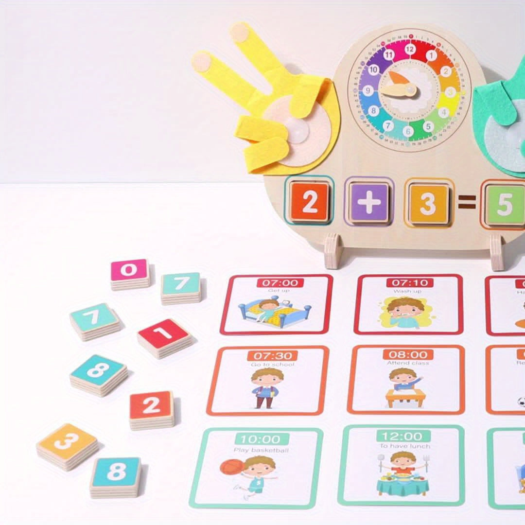 Wooden Clock + Finger Counting 2-In-1 Toy, Wooden Educational Toy, Learn Math by Counting Fingers, Recognize Clock with Pictures, Includes 23 Math Cards And 18 Clock Cards, Suitable for Children Aged 3-6 Yearschristmas Stocking Stuffers