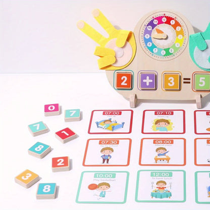 Wooden Clock + Finger Counting 2-In-1 Toy, Wooden Educational Toy, Learn Math by Counting Fingers, Recognize Clock with Pictures, Includes 23 Math Cards And 18 Clock Cards, Suitable for Children Aged 3-6 Yearschristmas Stocking Stuffers