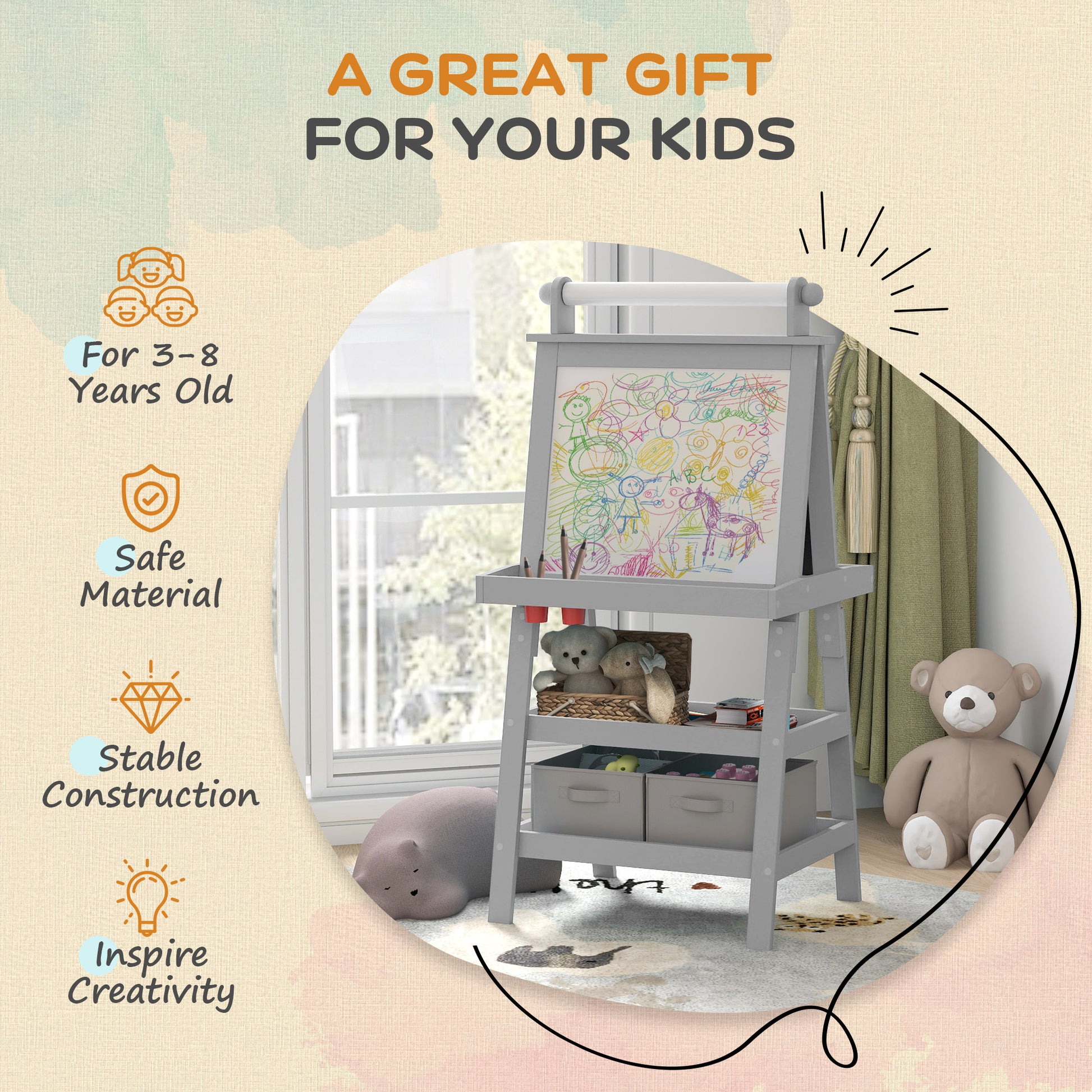 Cavalete de arte para crianças com rolo de papel, cavalete 3 em 1 para crianças com quadro branco magnético e quadro de giz de ambos os lados com cestas de armazenamento, para crianças de 3 a 6 anos