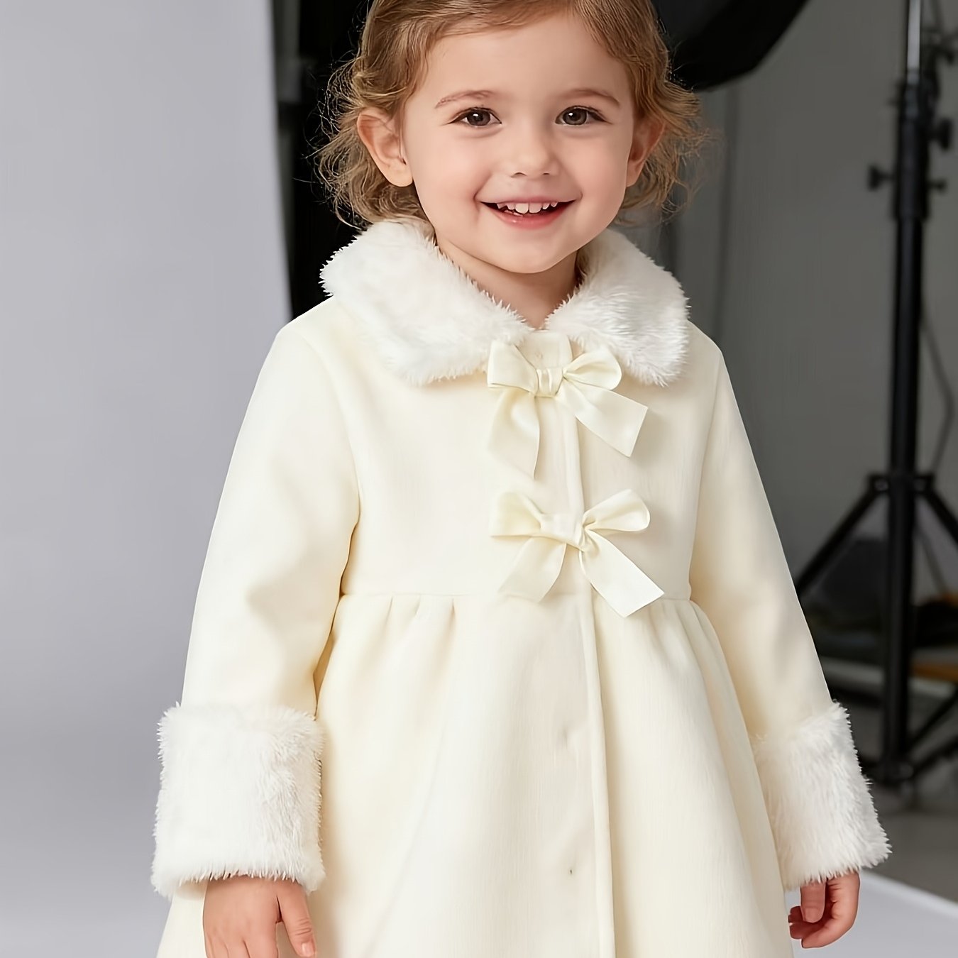 Discover warmth and elegance with our Cozy Beige Plush Cardigan, designed for girls. Perfect for autumn and winter, with velvet accents and a large bow.