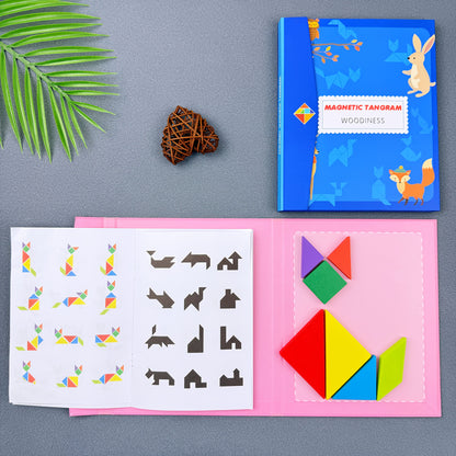 Conjunto de quebra-cabeças Tangram de madeira com clipe de livro portátil - Brinquedo educativo de construção de formas geométricas e aprendizagem cognitiva com desenvolvimento de habilidades de observação - Ideal para iluminação matemática, treino lógico - Presente perfeito para meninos e meninas no Natal, Páscoa, Halloween, aniversários - Inclui peças de madeira coloridas e caixa de armazenamento