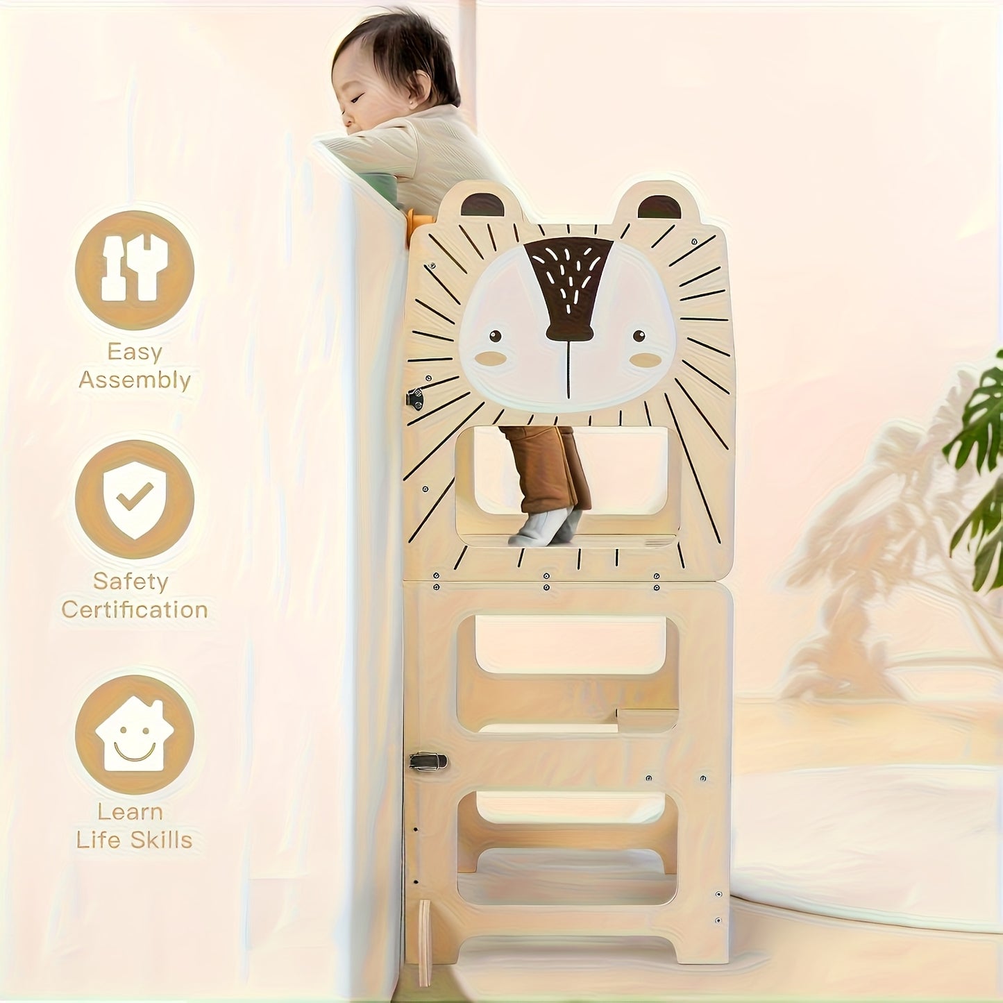 Banco de Degraus e Torre de Aprendizagem 2-em-1 Dobrável para Crianças com Quadro de Líquido e Quadro de Mensagens - Torre Educacional com Prateleira de Arrumação, Guarda-corpos de Segurança, Degraus Acolchoados Macios, Construção Robusta em Contraplacado/MDF/Pine, Design Compacto para Bebés +18M