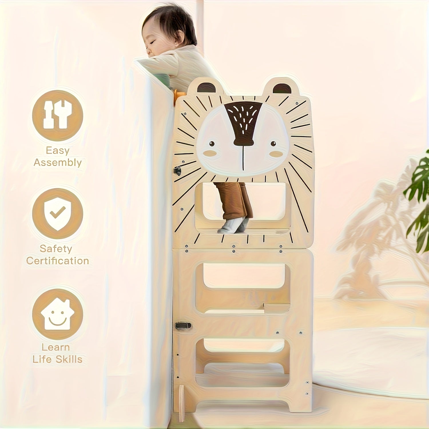 Banco de Degraus e Torre de Aprendizagem 2-em-1 Dobrável para Crianças com Quadro de Líquido e Quadro de Mensagens - Torre Educacional com Prateleira de Arrumação, Guarda-corpos de Segurança, Degraus Acolchoados Macios, Construção Robusta em Contraplacado/MDF/Pine, Design Compacto para Bebés +18M