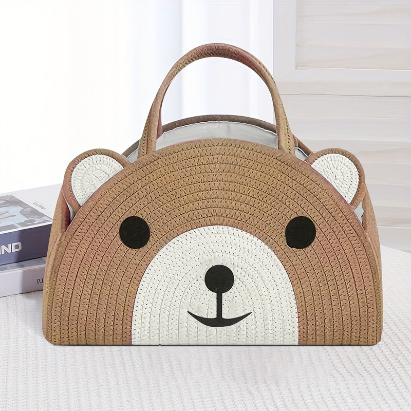 Organizador de fraldas com design de ursinho encantador - Cesto de armazenamento grande de linho com rosto de ursinho adorável, presente perfeito para mães recém-nascidas, verde claro com detalhes brancos, saco de fraldas, organizador de quarto, design divertido, pegas resistentes