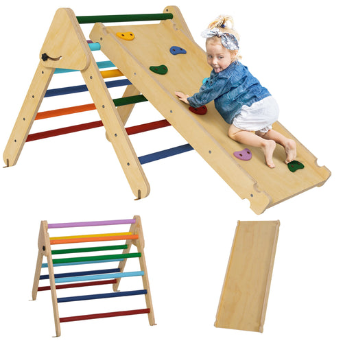Estrutura de escalada para crianças pequenas, estrutura de escalada de madeira para ambientes internos com rampa, conjunto de triângulo Pikler 3 em 1 para ginástica infantil de 18-48 meses, multicolorido
