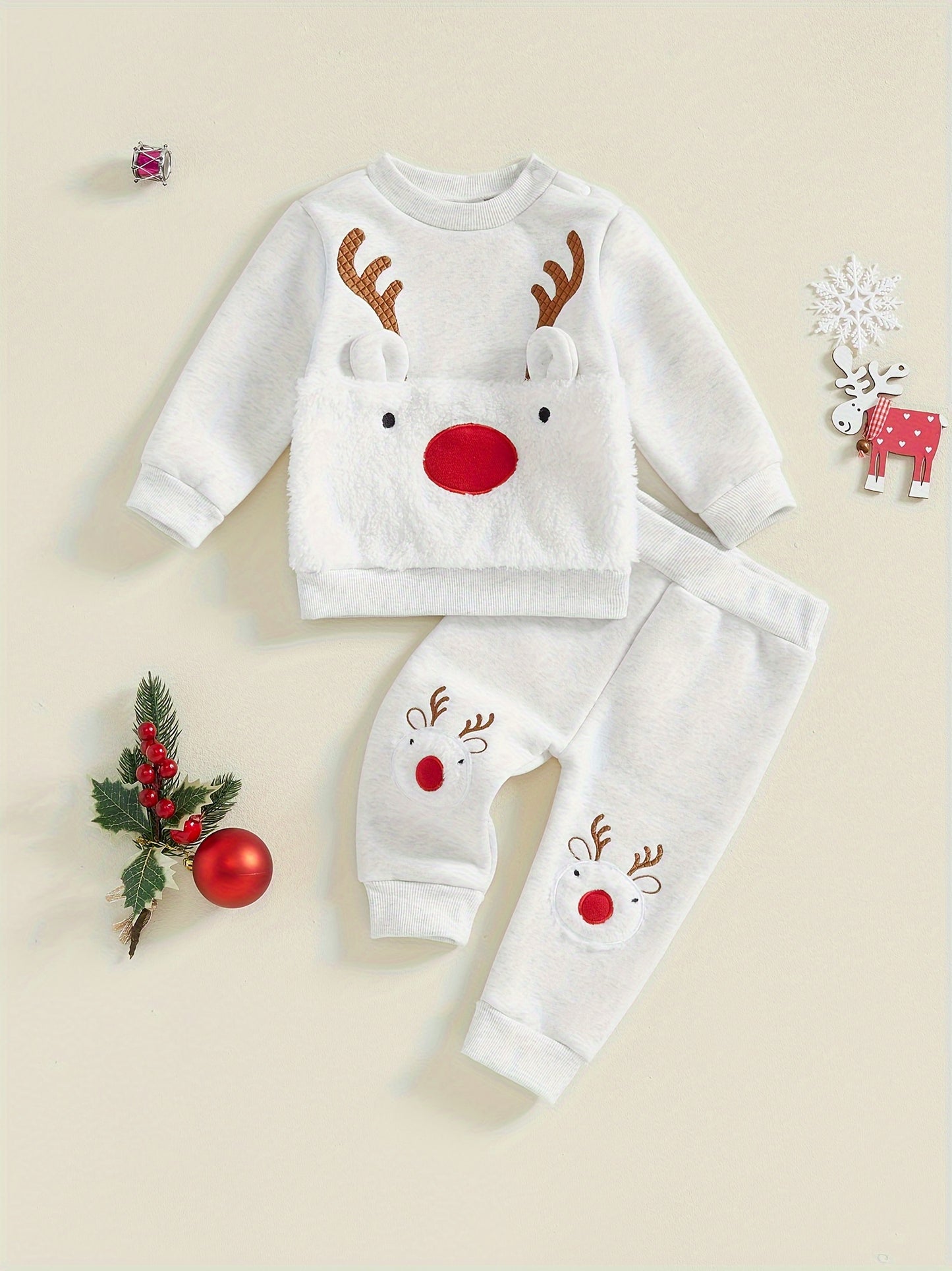 Conjunto de Natal de Rena para Bebê Menino e Menina 2 Peças - Roupa de Inverno Forrada com Fleece com Calça e Camisa Combinando, Roupa Infantil Aconchegante e Quente, Lavável à Máquina, Traje Fofo para Feriados, Perfeito para Atividades ao Ar Livre