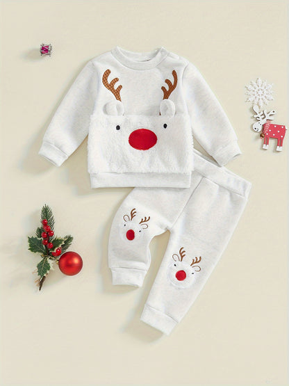 Conjunto de Natal de Rena para Bebê Menino e Menina 2 Peças - Roupa de Inverno Forrada com Fleece com Calça e Camisa Combinando, Roupa Infantil Aconchegante e Quente, Lavável à Máquina, Traje Fofo para Feriados, Perfeito para Atividades ao Ar Livre