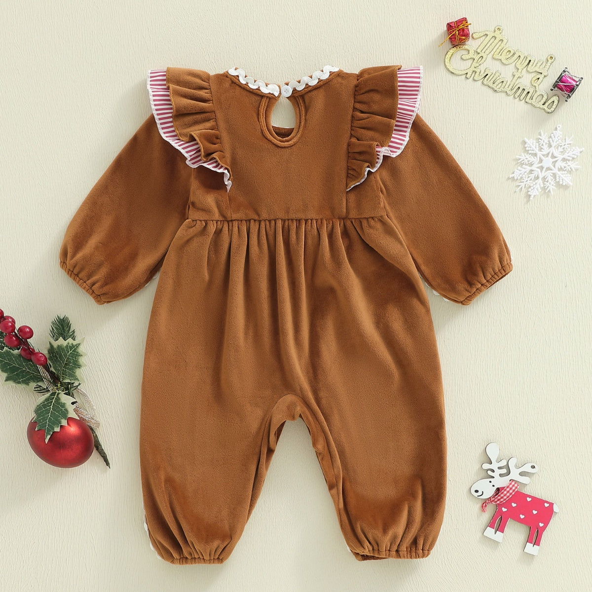 Discover the Charming Holiday Romper for Baby Girls. Soft, cozy, and perfect for festive moments. Ideal for 0-18 months.