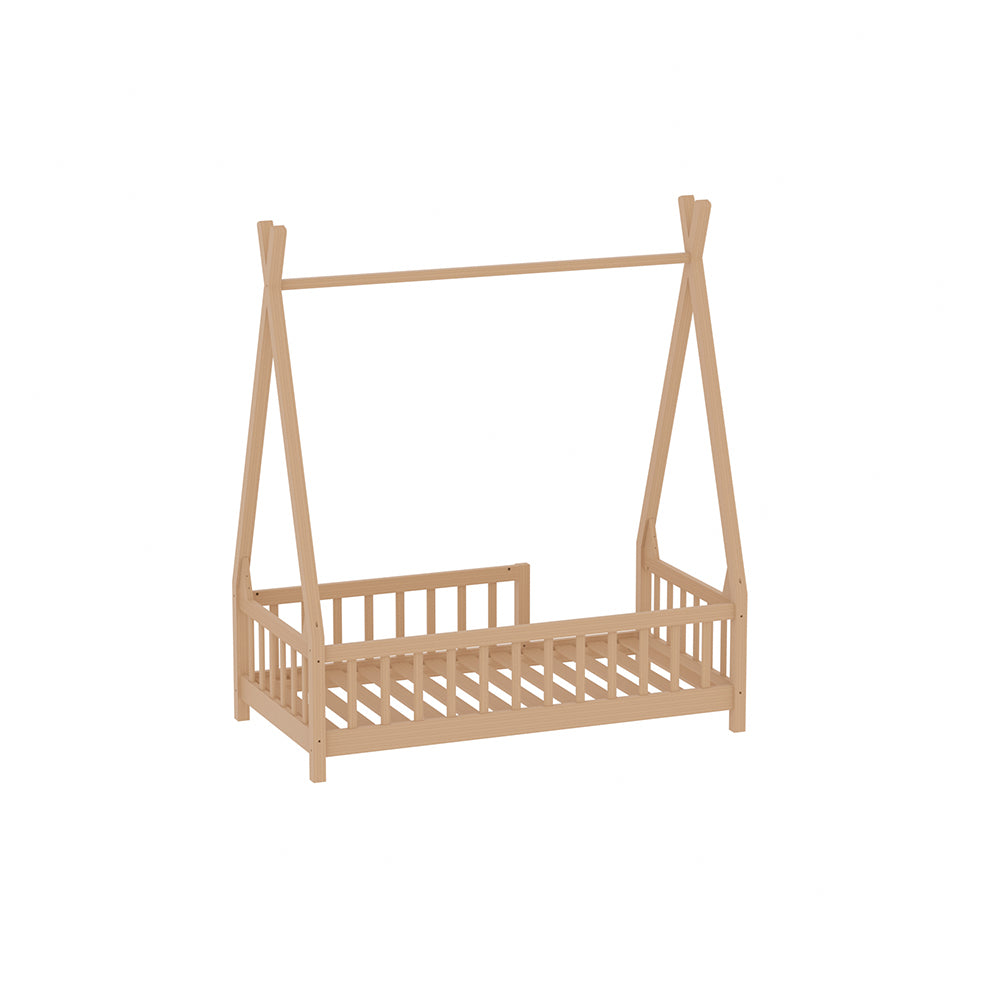 1peça Estrutura de Cama em Tenda Casa na Árvore, Estrutura de Madeira de Pinho Maciço com Guarda-corpo de Segurança e Base Respirável de Tiras, Design de Quarto Fantasista 147x77x168cm, Tom de Madeira Natural (Sem Colchão)