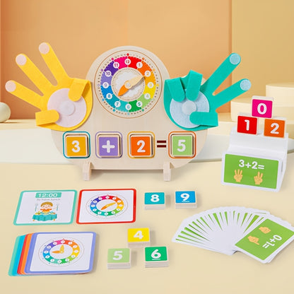 Wooden Clock + Finger Counting 2-In-1 Toy, Wooden Educational Toy, Learn Math by Counting Fingers, Recognize Clock with Pictures, Includes 23 Math Cards And 18 Clock Cards, Suitable for Children Aged 3-6 Yearschristmas Stocking Stuffers