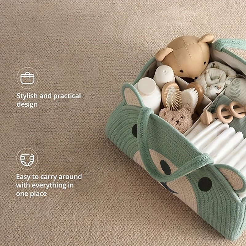 Organizador de fraldas com design de ursinho encantador - Cesto de armazenamento grande de linho com rosto de ursinho adorável, presente perfeito para mães recém-nascidas, verde claro com detalhes brancos, saco de fraldas, organizador de quarto, design divertido, pegas resistentes