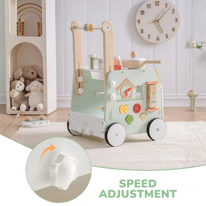Montessori wooden baby walker with adjustable height. Safe, sturdy, and fun—helps toddlers develop balance, coordination, and walking skills.