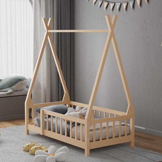 1peça Estrutura de Cama em Tenda Casa na Árvore, Estrutura de Madeira de Pinho Maciço com Guarda-corpo de Segurança e Base Respirável de Tiras, Design de Quarto Fantasista 147x77x168cm, Tom de Madeira Natural (Sem Colchão)