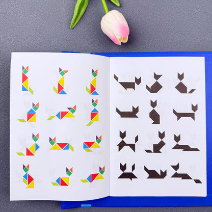 Conjunto de quebra-cabeças Tangram de madeira com clipe de livro portátil - Brinquedo educativo de construção de formas geométricas e aprendizagem cognitiva com desenvolvimento de habilidades de observação - Ideal para iluminação matemática, treino lógico - Presente perfeito para meninos e meninas no Natal, Páscoa, Halloween, aniversários - Inclui peças de madeira coloridas e caixa de armazenamento