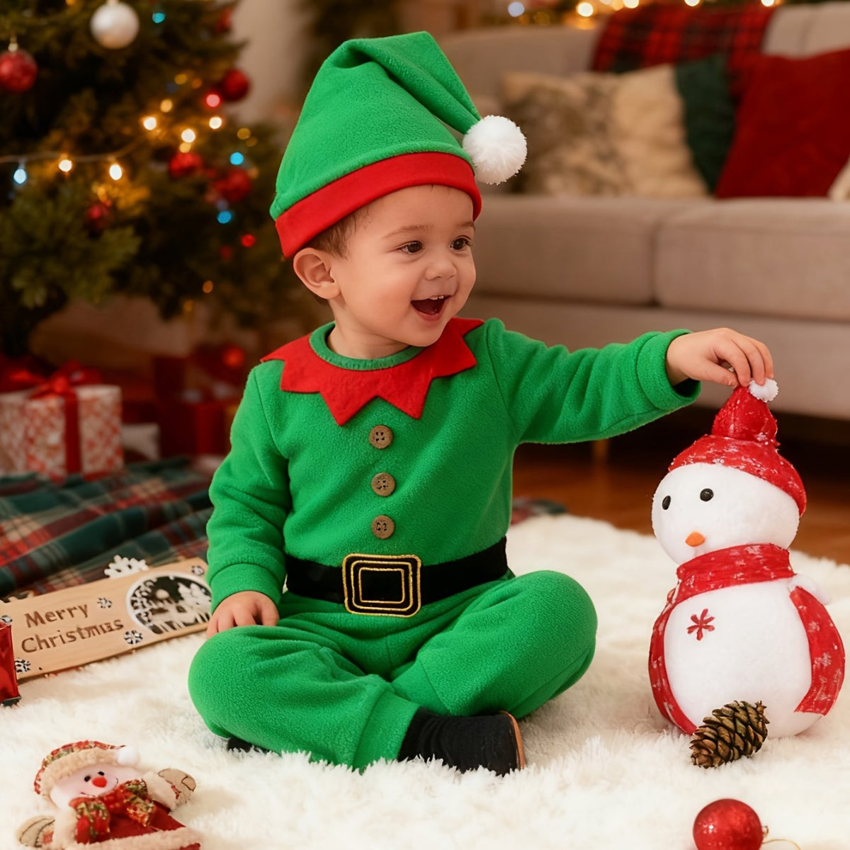 Discover the Cozy Christmas Elf Outfit for Kids. Perfect for warmth and festive fun. Ideal for ages 0-3. Toosly: care and safety in every detail.