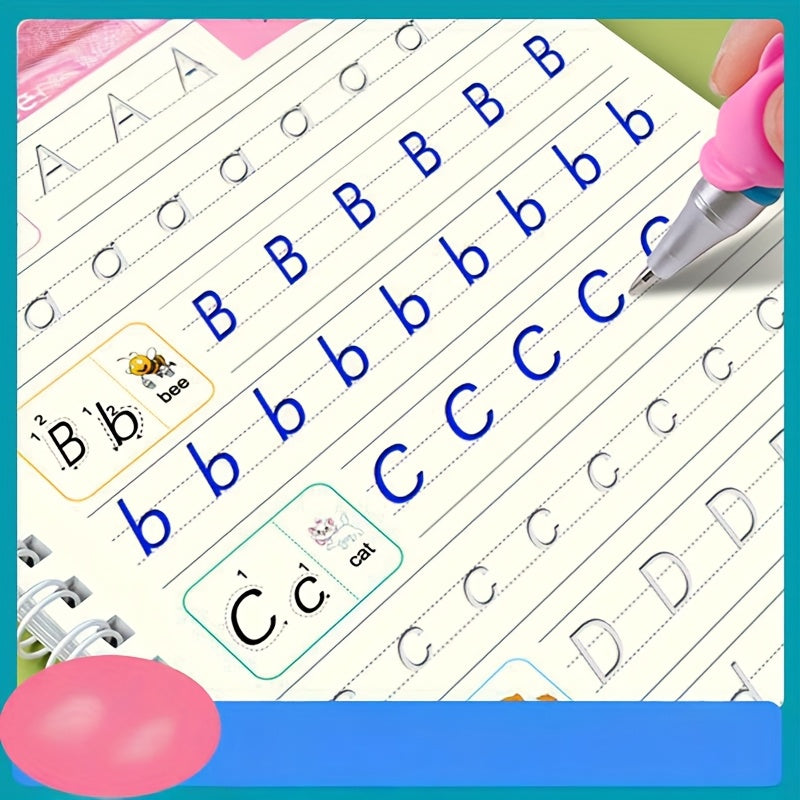 Quatro livros de caligrafia mágica com capa dura para treino de controle (inclui letras + números + desenho + versão matemática + 1 caneta + 5 recargas + suporte para caneta). Esses livros de desenho reutilizáveis são perfeitos como presentes de Natal, aniversário ou material escolar. Projetados