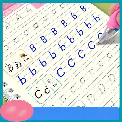 Quatro livros de caligrafia mágica com capa dura para treino de controle (inclui letras + números + desenho + versão matemática + 1 caneta + 5 recargas + suporte para caneta). Esses livros de desenho reutilizáveis são perfeitos como presentes de Natal, aniversário ou material escolar. Projetados