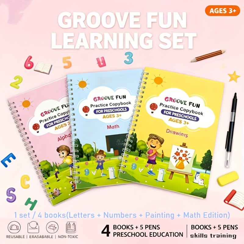 Quatro livros de caligrafia mágica com capa dura para treino de controle (inclui letras + números + desenho + versão matemática + 1 caneta + 5 recargas + suporte para caneta). Esses livros de desenho reutilizáveis são perfeitos como presentes de Natal, aniversário ou material escolar. Projetados