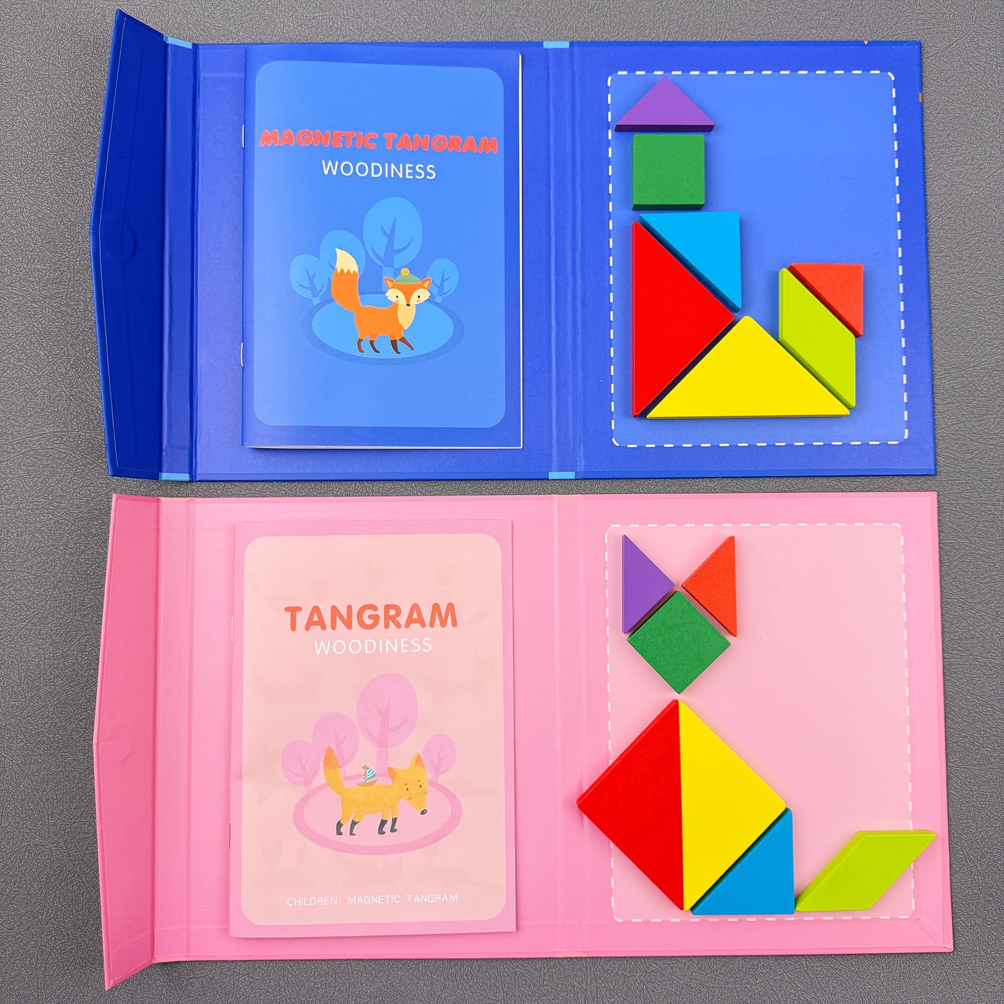 Conjunto de quebra-cabeças Tangram de madeira com clipe de livro portátil - Brinquedo educativo de construção de formas geométricas e aprendizagem cognitiva com desenvolvimento de habilidades de observação - Ideal para iluminação matemática, treino lógico - Presente perfeito para meninos e meninas no Natal, Páscoa, Halloween, aniversários - Inclui peças de madeira coloridas e caixa de armazenamento