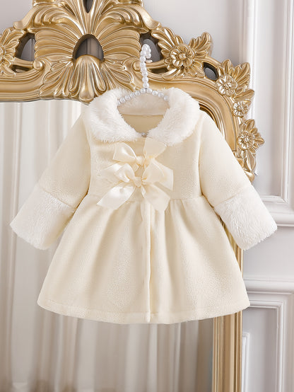 Discover warmth and elegance with our Cozy Beige Plush Cardigan, designed for girls. Perfect for autumn and winter, with velvet accents and a large bow.