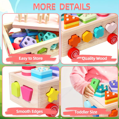 Wooden Shape Sorter Intelligence Car Toy, Educational Building Blocks Toy for Toddler, Preschool Learning Toy, Hand-eye Coordination & Color Shape Recognition, Birthday New Year Gifts For Boys Girls - Color: Red, Yellow, Blue, Green, Purple, Pink, Bright Yellow, Apricot, Lemon Yellow, Light Beige, Material: Wood