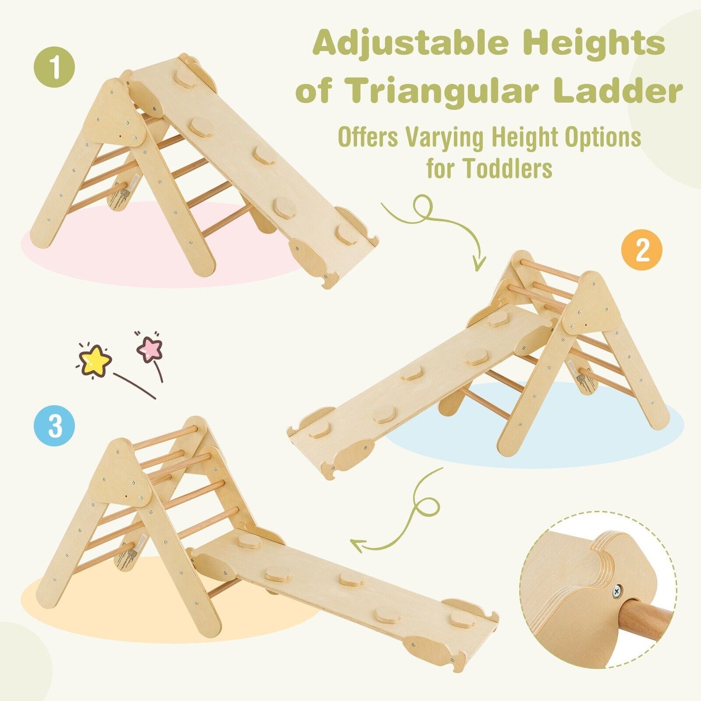 Conjunto de Escalada Triangular 3-em-1 GOFLAME para Crianças com Escalador de Madeira e Arco de Rampa Reversível, Altura de Rampa Ajustável, Estrutura Triangular Estável, Barras de Madeira de Faia, Aprovado pela ASTM CPSIA TSCA