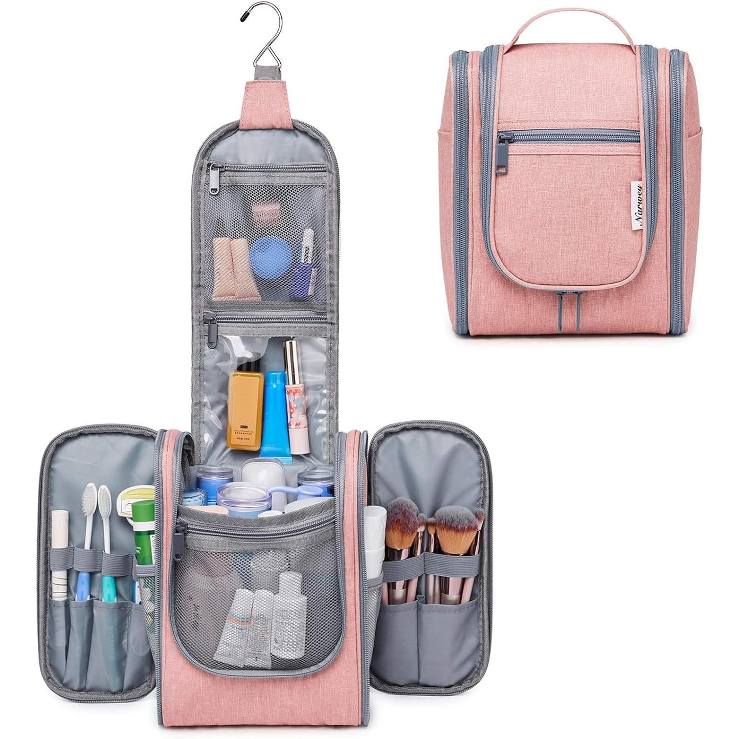 Bolsa de higiene pessoal para viagem suspensa para mulheres - Organizador de cosméticos pequeno com gancho, vários bolsos, separação úmido/seco, fecho de correr suave, tecido durável, leve e elegante, essencial para a noite, melhor presente para adolescentes e viajantes frequentes, bolsa de higiene pessoal para viagem, design elegante, construção sólida, essenciais para férias, design compacto, tecido de alta qualidade, viajantes frequentes