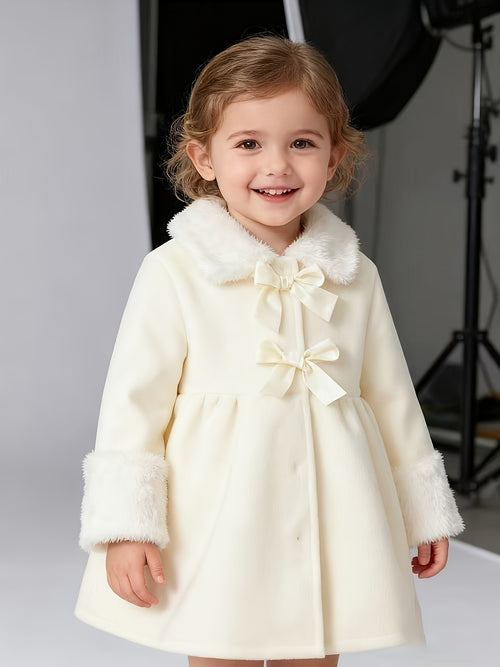 Discover warmth and elegance with our Cozy Beige Plush Cardigan, designed for girls. Perfect for autumn and winter, with velvet accents and a large bow.