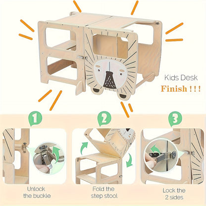 Banco de Degraus e Torre de Aprendizagem 2-em-1 Dobrável para Crianças com Quadro de Líquido e Quadro de Mensagens - Torre Educacional com Prateleira de Arrumação, Guarda-corpos de Segurança, Degraus Acolchoados Macios, Construção Robusta em Contraplacado/MDF/Pine, Design Compacto para Bebés +18M