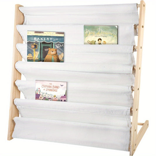 Estante de 6 Prateleiras com Bolsos 14X9X83cm Acessível para Livros Naturais, Altura Perfeita para Diversão de Leitura, Armazenamento para Quarto