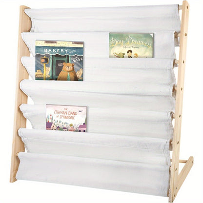 Estante de 6 Prateleiras com Bolsos 14X9X83cm Acessível para Livros Naturais, Altura Perfeita para Diversão de Leitura, Armazenamento para Quarto