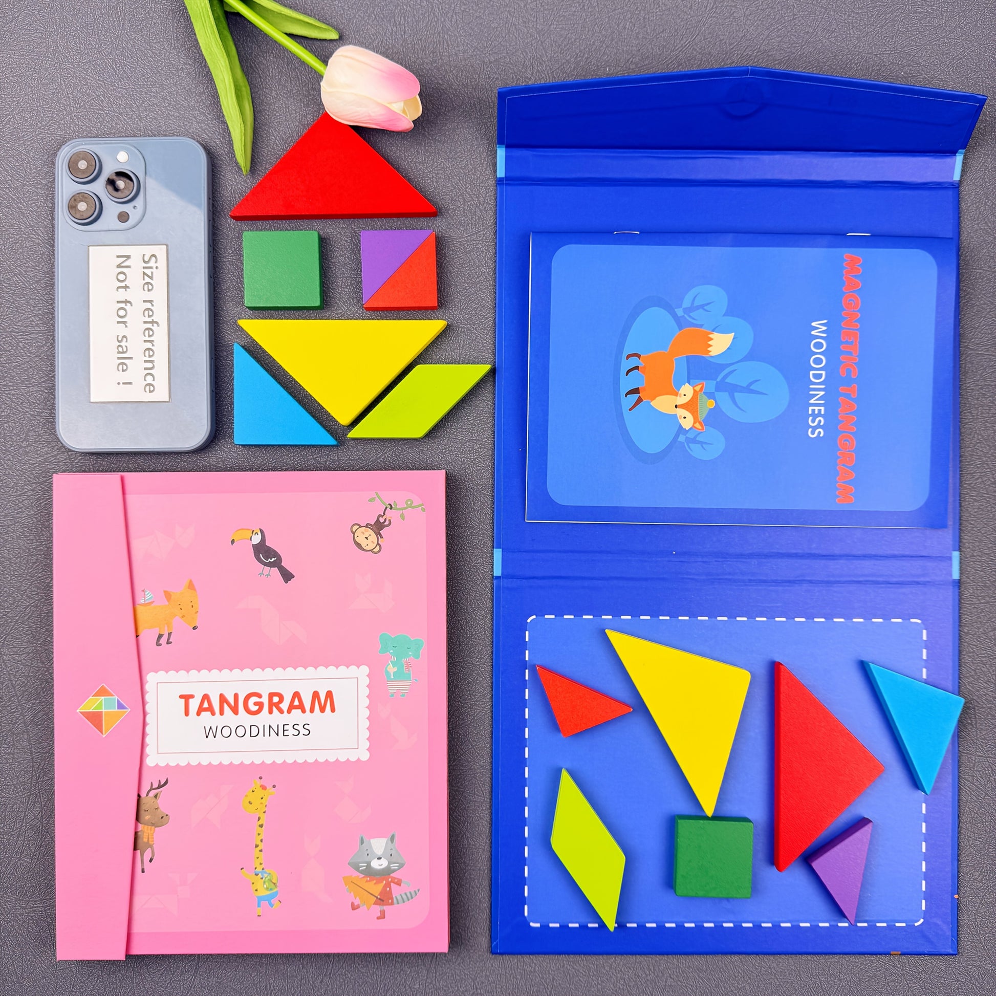 Conjunto de quebra-cabeças Tangram de madeira com clipe de livro portátil - Brinquedo educativo de construção de formas geométricas e aprendizagem cognitiva com desenvolvimento de habilidades de observação - Ideal para iluminação matemática, treino lógico - Presente perfeito para meninos e meninas no Natal, Páscoa, Halloween, aniversários - Inclui peças de madeira coloridas e caixa de armazenamento