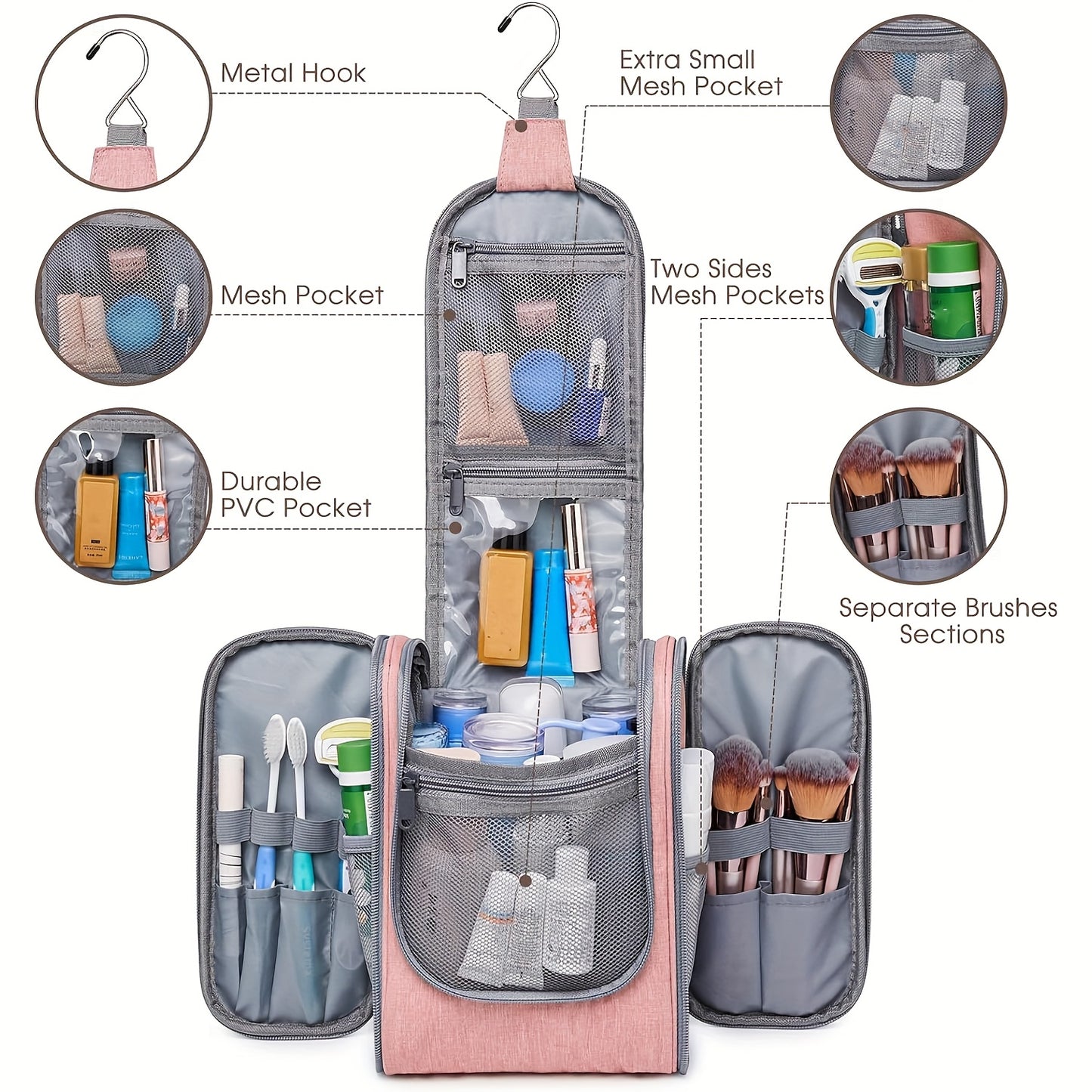 Bolsa de higiene pessoal para viagem suspensa para mulheres - Organizador de cosméticos pequeno com gancho, vários bolsos, separação úmido/seco, fecho de correr suave, tecido durável, leve e elegante, essencial para a noite, melhor presente para adolescentes e viajantes frequentes, bolsa de higiene pessoal para viagem, design elegante, construção sólida, essenciais para férias, design compacto, tecido de alta qualidade, viajantes frequentes