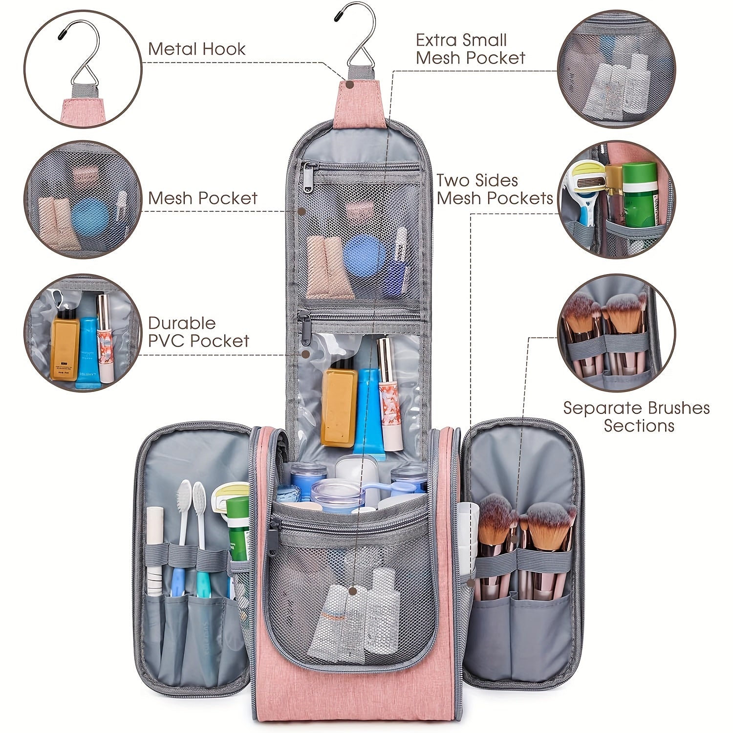 Bolsa de higiene pessoal para viagem suspensa para mulheres - Organizador de cosméticos pequeno com gancho, vários bolsos, separação úmido/seco, fecho de correr suave, tecido durável, leve e elegante, essencial para a noite, melhor presente para adolescentes e viajantes frequentes, bolsa de higiene pessoal para viagem, design elegante, construção sólida, essenciais para férias, design compacto, tecido de alta qualidade, viajantes frequentes