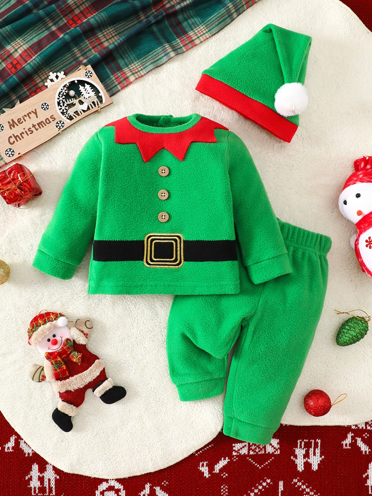 Discover the Cozy Christmas Elf Outfit for Kids. Perfect for warmth and festive fun. Ideal for ages 0-3. Toosly: care and safety in every detail.