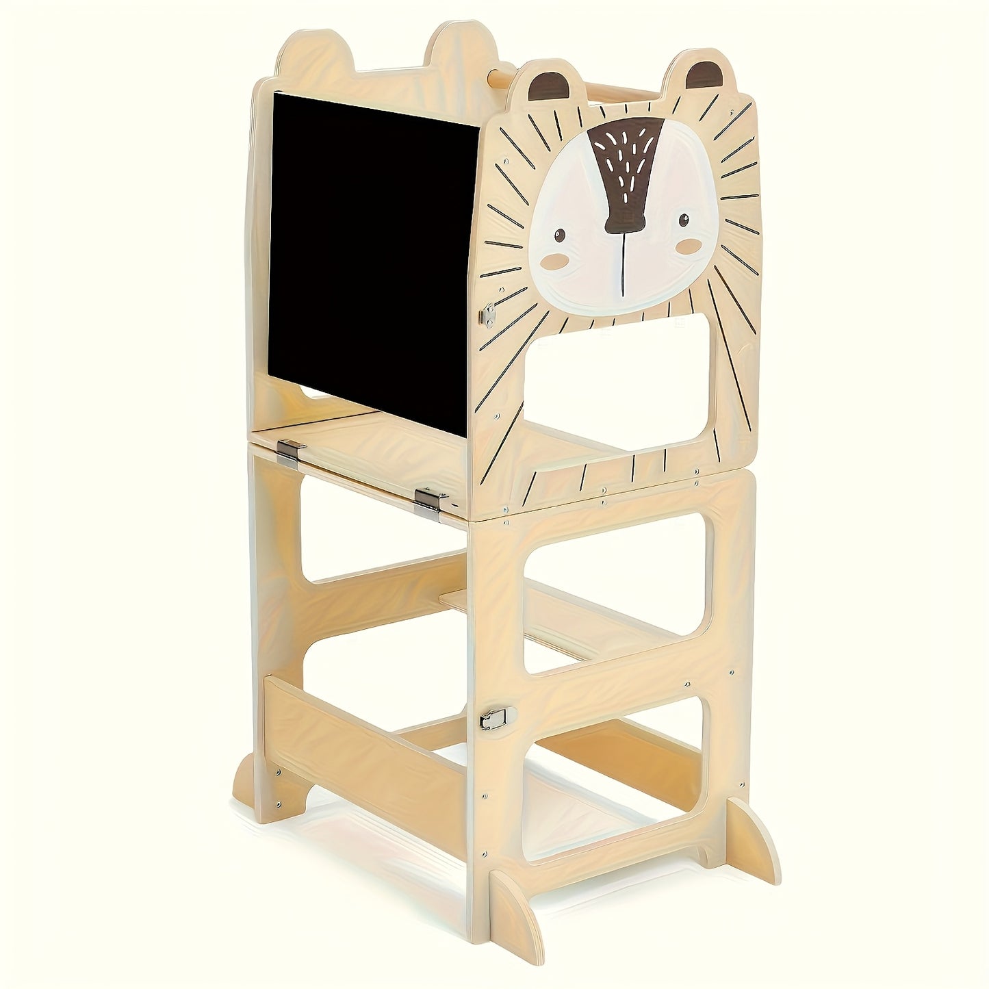 Banco de Degraus e Torre de Aprendizagem 2-em-1 Dobrável para Crianças com Quadro de Líquido e Quadro de Mensagens - Torre Educacional com Prateleira de Arrumação, Guarda-corpos de Segurança, Degraus Acolchoados Macios, Construção Robusta em Contraplacado/MDF/Pine, Design Compacto para Bebés +18M