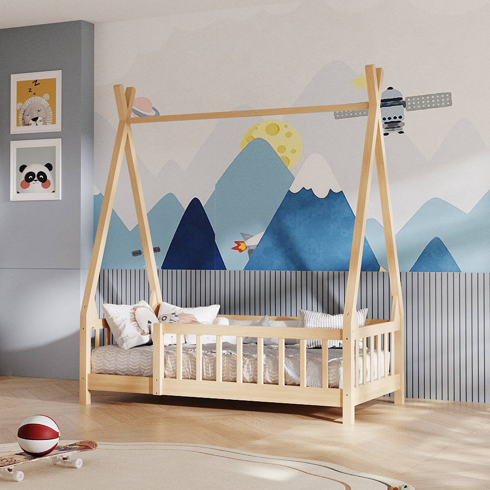 1peça Estrutura de Cama em Tenda Casa na Árvore, Estrutura de Madeira de Pinho Maciço com Guarda-corpo de Segurança e Base Respirável de Tiras, Design de Quarto Fantasista 147x77x168cm, Tom de Madeira Natural (Sem Colchão)