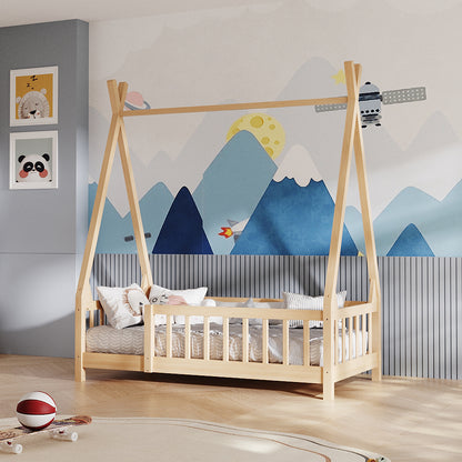 1peça Estrutura de Cama em Tenda Casa na Árvore, Estrutura de Madeira de Pinho Maciço com Guarda-corpo de Segurança e Base Respirável de Tiras, Design de Quarto Fantasista 147x77x168cm, Tom de Madeira Natural (Sem Colchão)