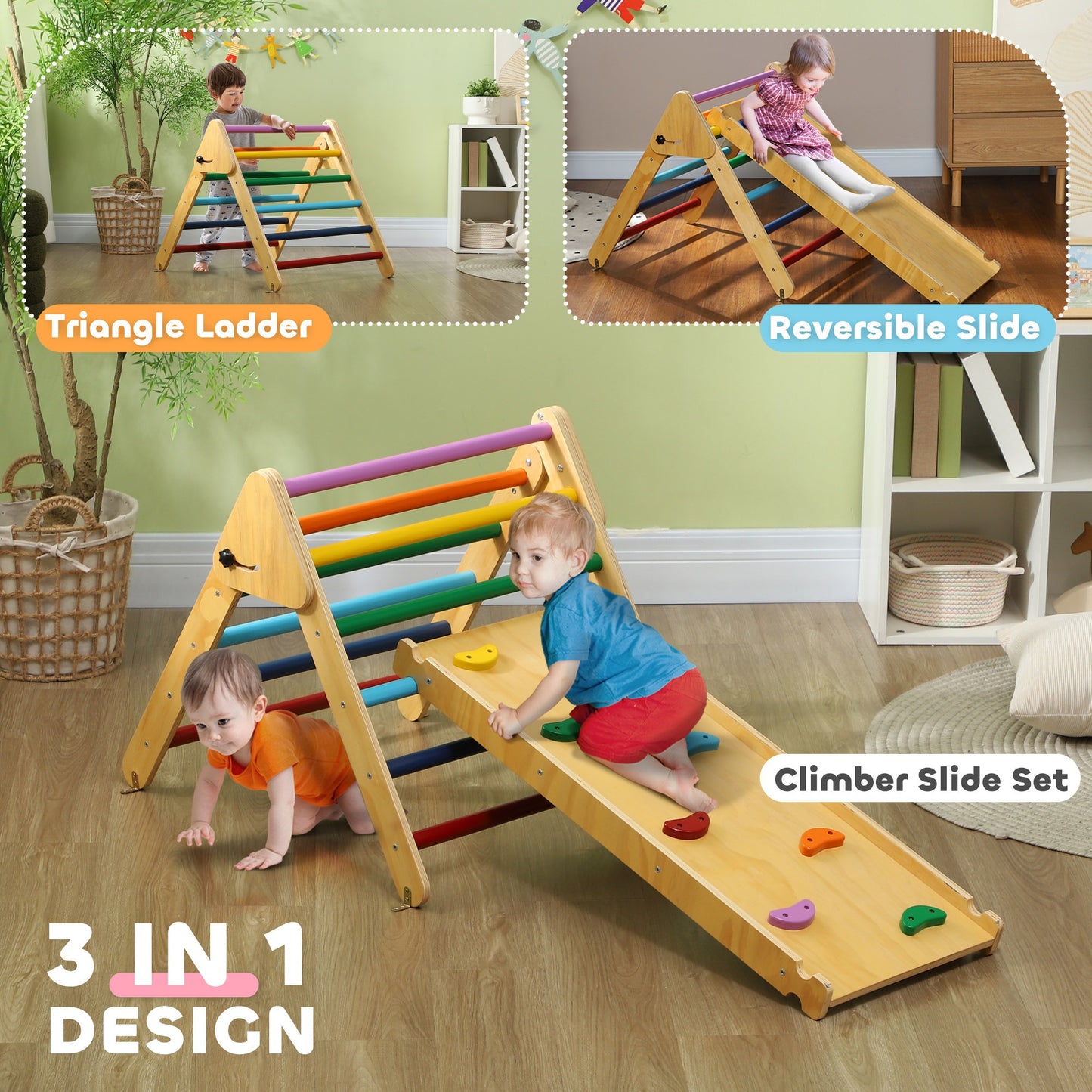 Estrutura de escalada para crianças pequenas, estrutura de escalada de madeira para ambientes internos com rampa, conjunto de triângulo Pikler 3 em 1 para ginástica infantil de 18-48 meses, multicolorido