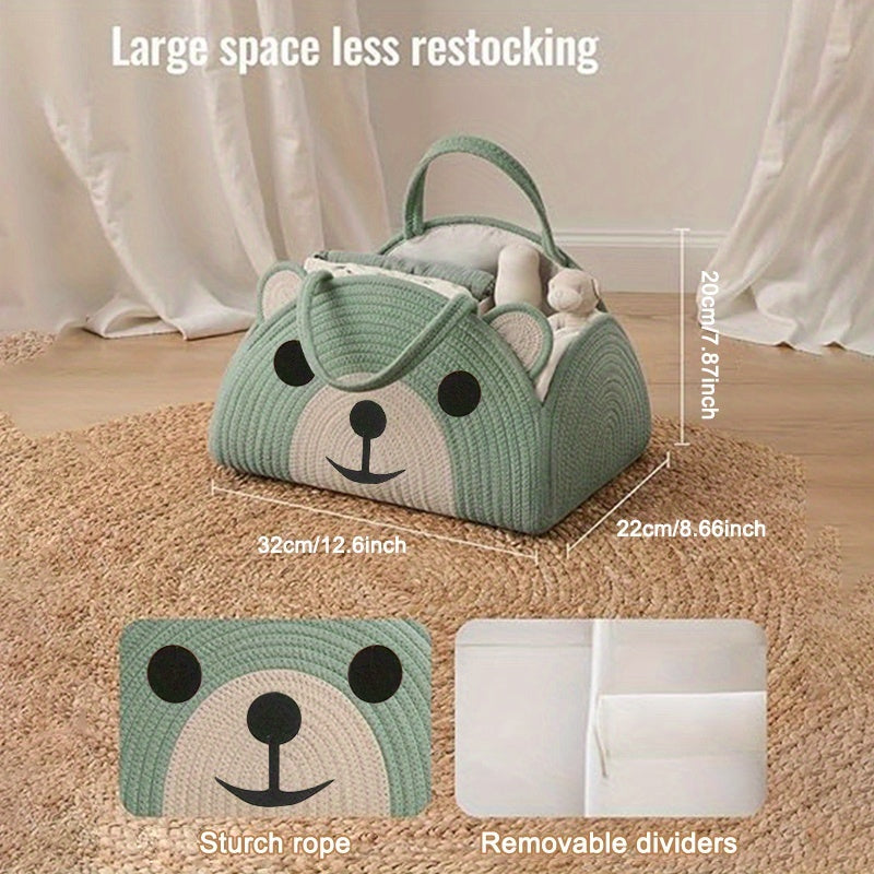 Organizador de fraldas com design de ursinho encantador - Cesto de armazenamento grande de linho com rosto de ursinho adorável, presente perfeito para mães recém-nascidas, verde claro com detalhes brancos, saco de fraldas, organizador de quarto, design divertido, pegas resistentes