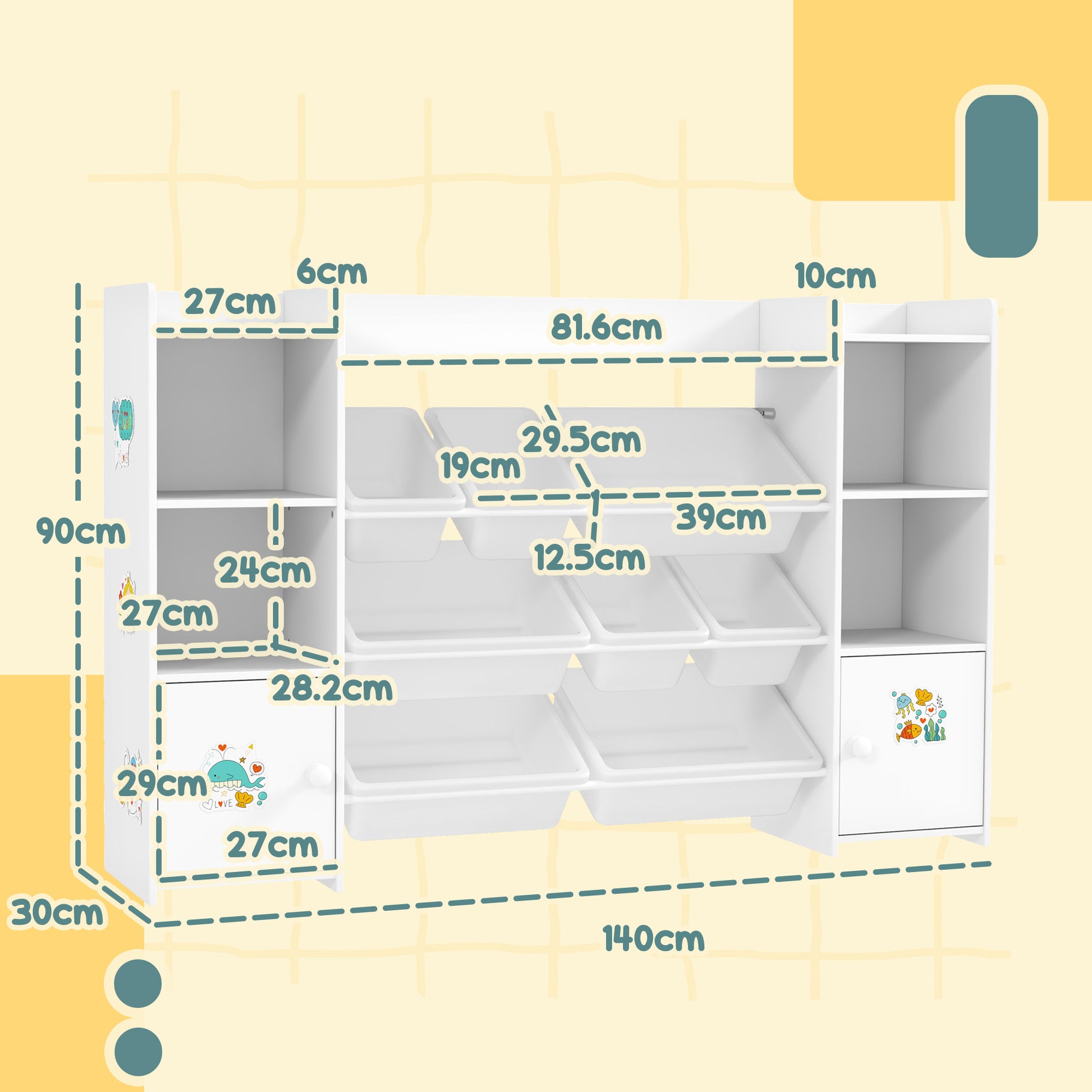 Organizadores e Armazenamento de Brinquedos Infantis com 8 Caixas Removíveis e Estante, Branco