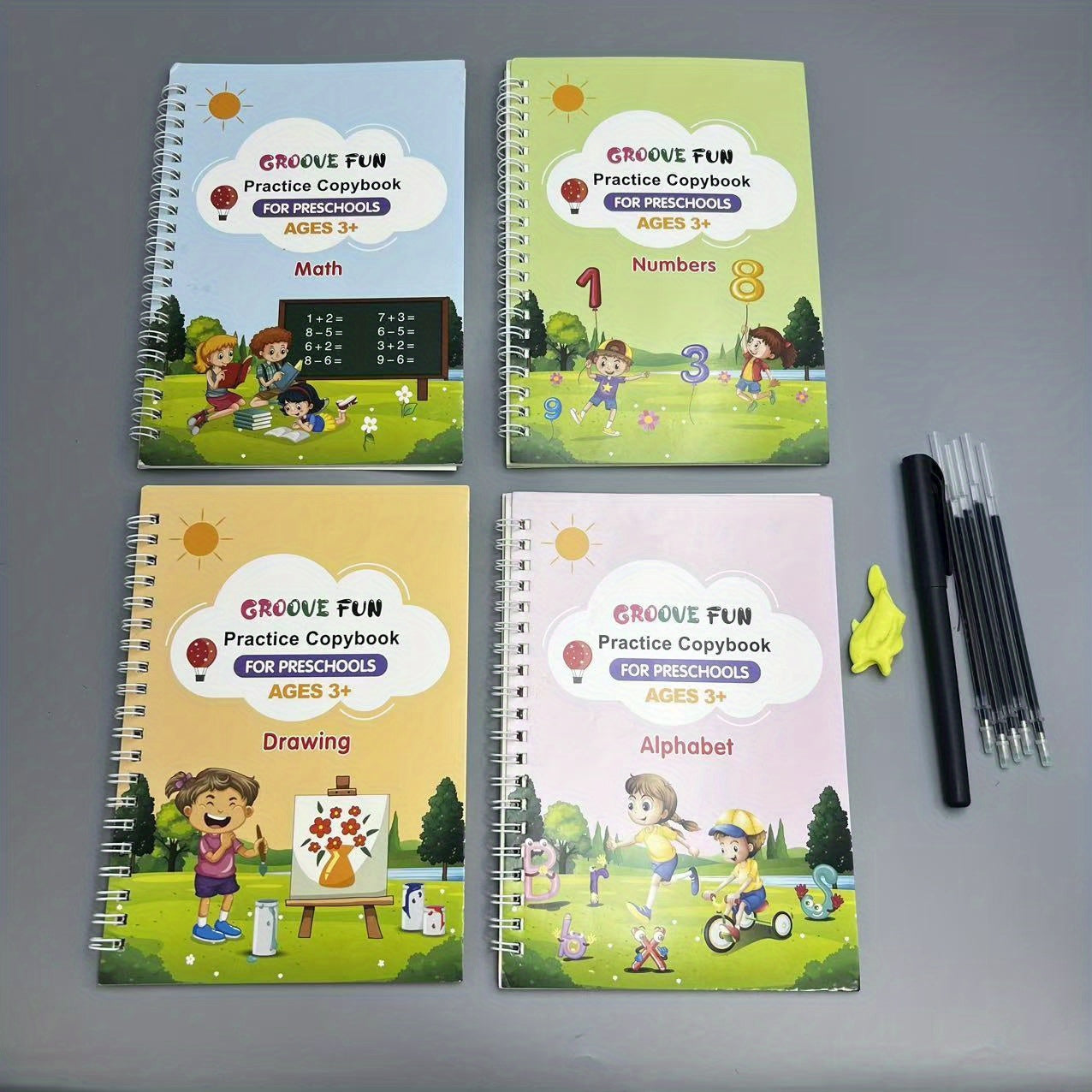 Quatro livros de caligrafia mágica com capa dura para treino de controle (inclui letras + números + desenho + versão matemática + 1 caneta + 5 recargas + suporte para caneta). Esses livros de desenho reutilizáveis são perfeitos como presentes de Natal, aniversário ou material escolar. Projetados