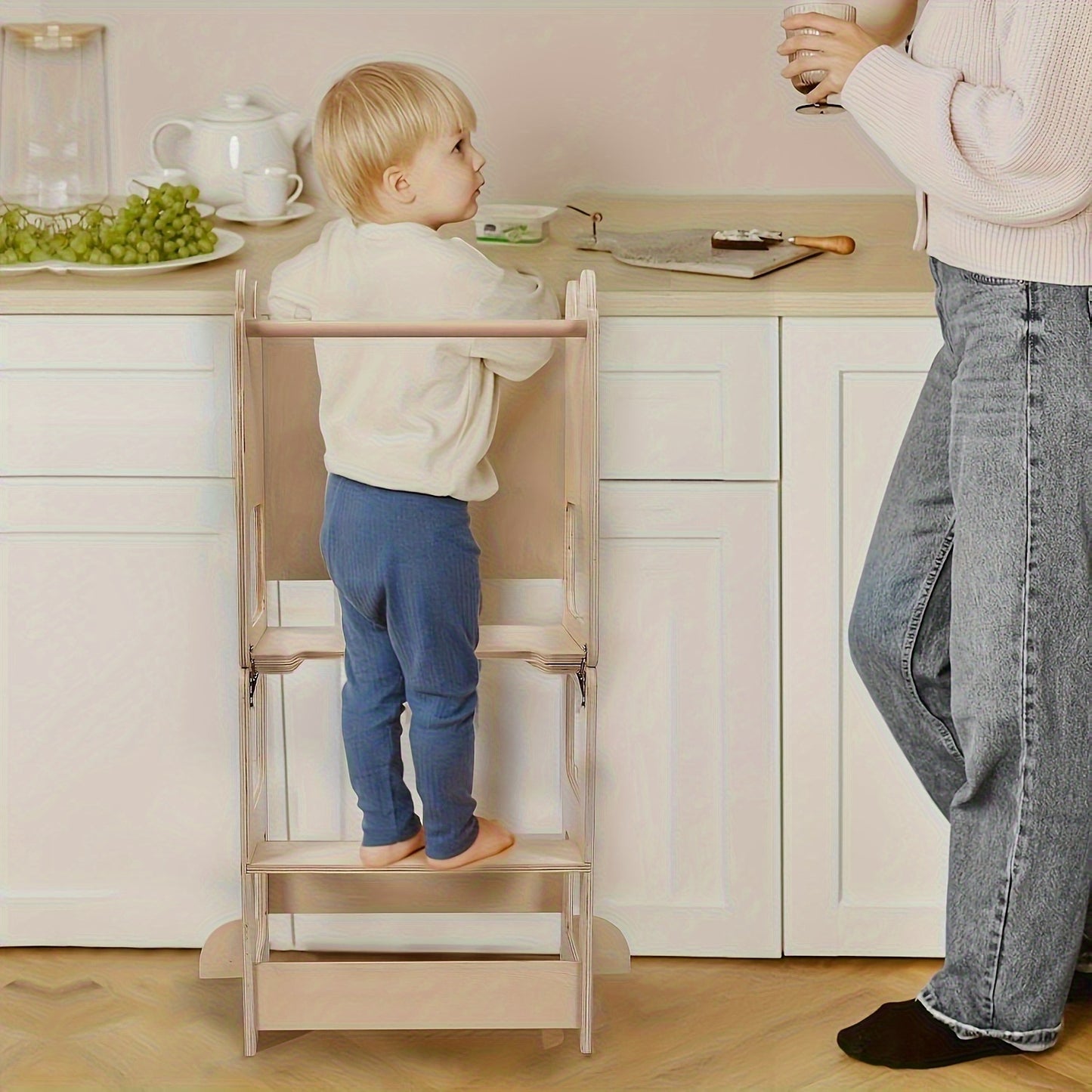 Banco de Degraus e Torre de Aprendizagem 2-em-1 Dobrável para Crianças com Quadro de Líquido e Quadro de Mensagens - Torre Educacional com Prateleira de Arrumação, Guarda-corpos de Segurança, Degraus Acolchoados Macios, Construção Robusta em Contraplacado/MDF/Pine, Design Compacto para Bebés +18M