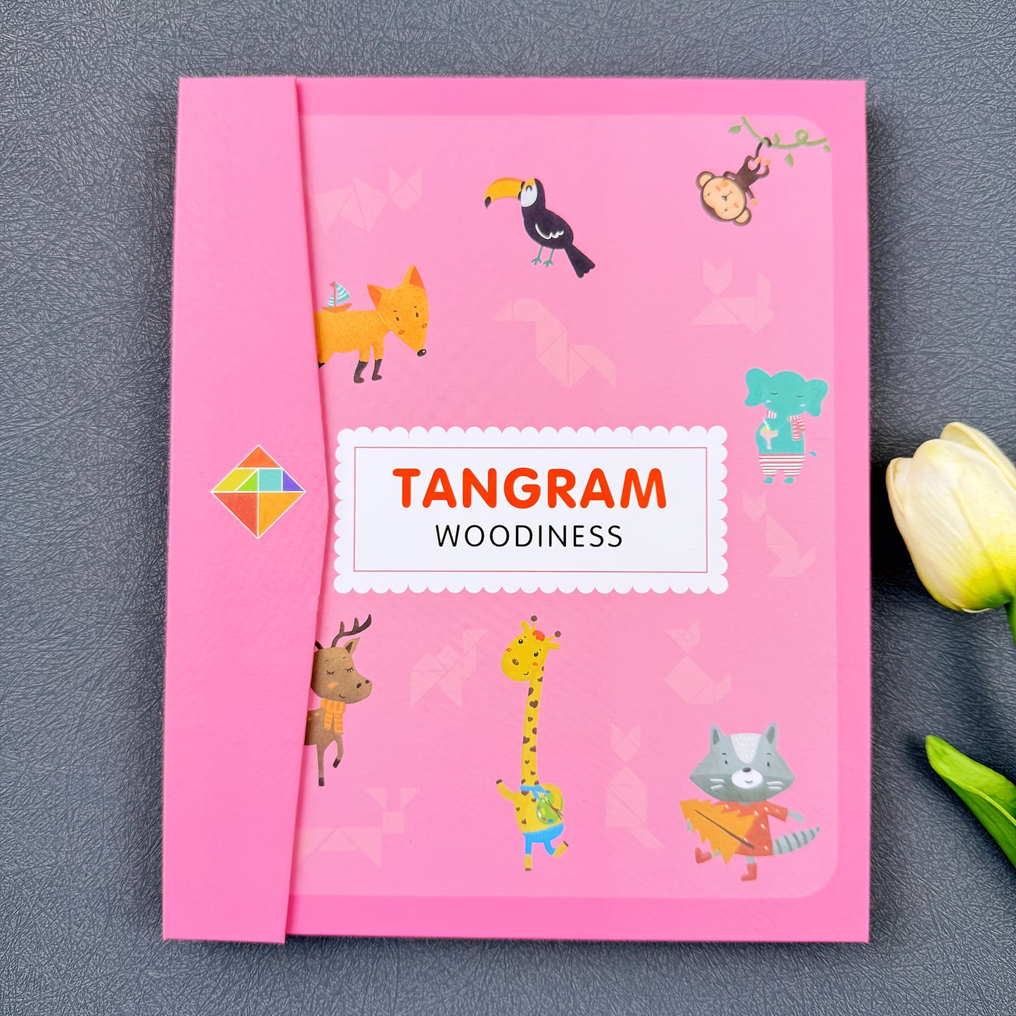 Conjunto de quebra-cabeças Tangram de madeira com clipe de livro portátil - Brinquedo educativo de construção de formas geométricas e aprendizagem cognitiva com desenvolvimento de habilidades de observação - Ideal para iluminação matemática, treino lógico - Presente perfeito para meninos e meninas no Natal, Páscoa, Halloween, aniversários - Inclui peças de madeira coloridas e caixa de armazenamento