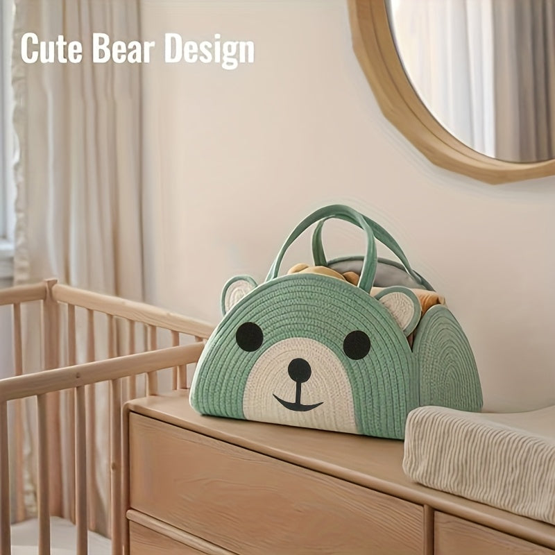 Organizador de fraldas com design de ursinho encantador - Cesto de armazenamento grande de linho com rosto de ursinho adorável, presente perfeito para mães recém-nascidas, verde claro com detalhes brancos, saco de fraldas, organizador de quarto, design divertido, pegas resistentes